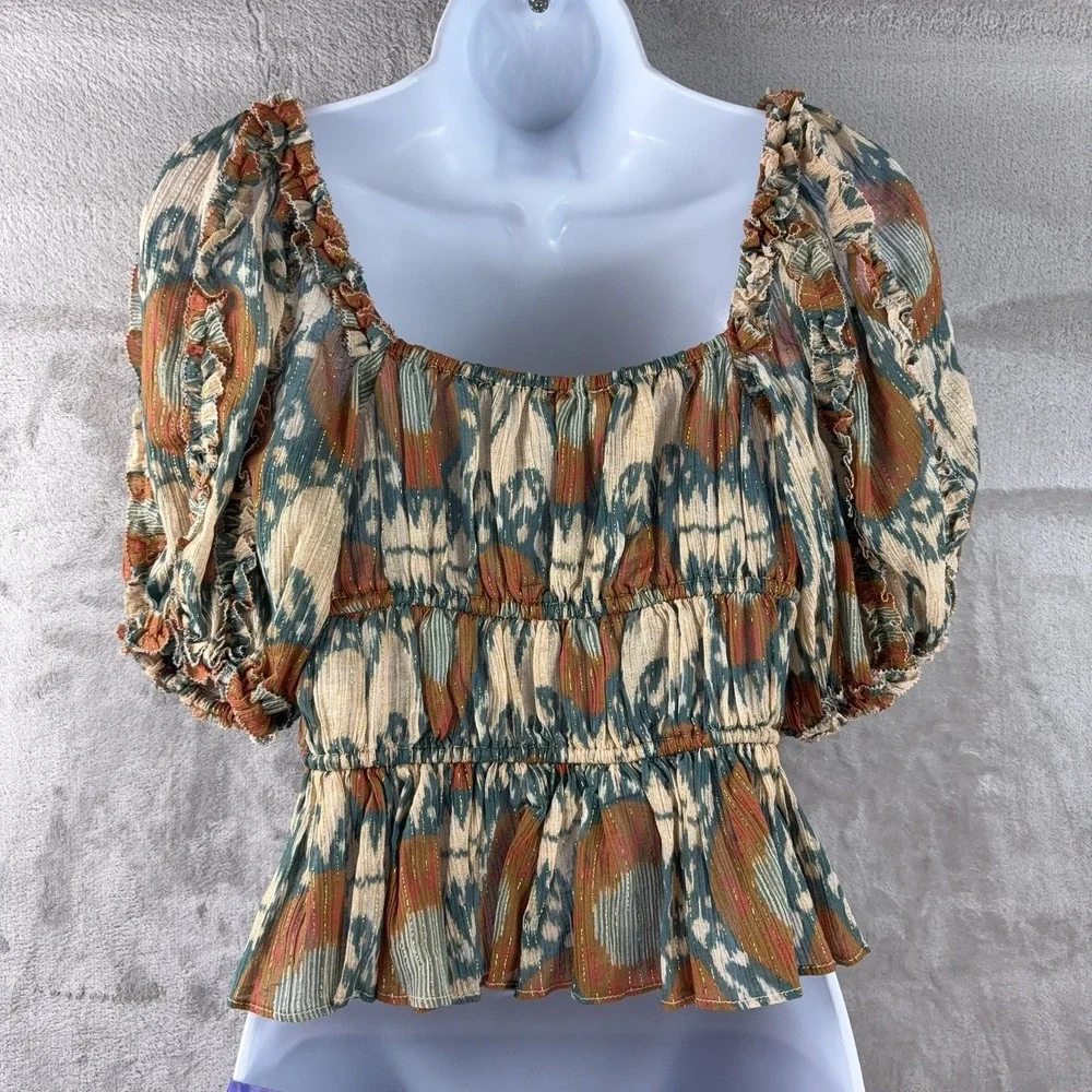 Ulla Johnson Medha Blouse Womens Size 2 Sage Green Puff Sleeve Ikat Print Top‎